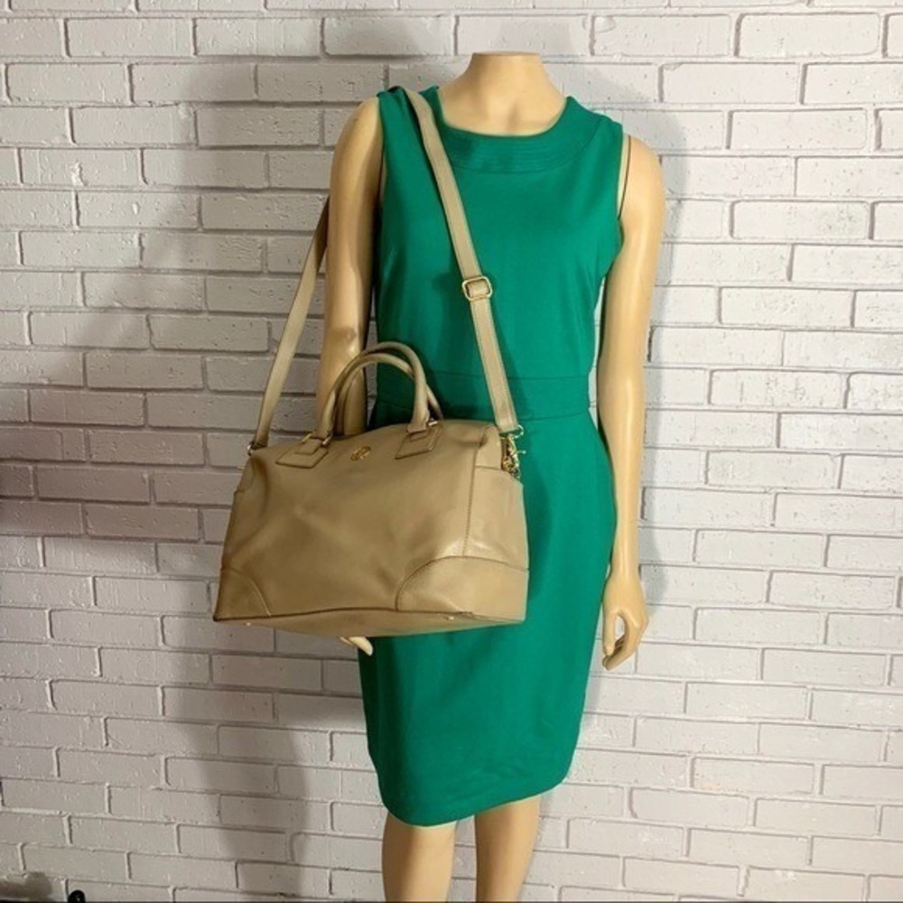 Tory Burch Robinson Tan Saffiano Leather Satchel Crossbody Gold Preppy Classic